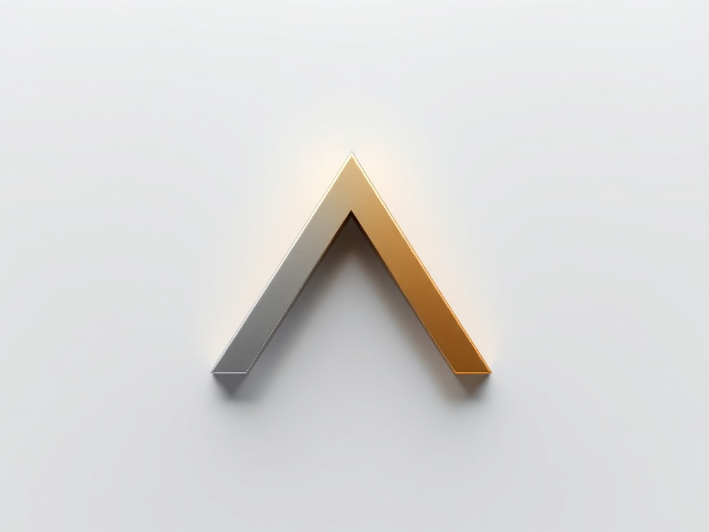 A minimalist symbol: an abstract 'T' formed by two clean pyramid shapes, one silver and one gold, in ascending order. Soft gradient background, subtle 3D render, photorealistic, 8k.